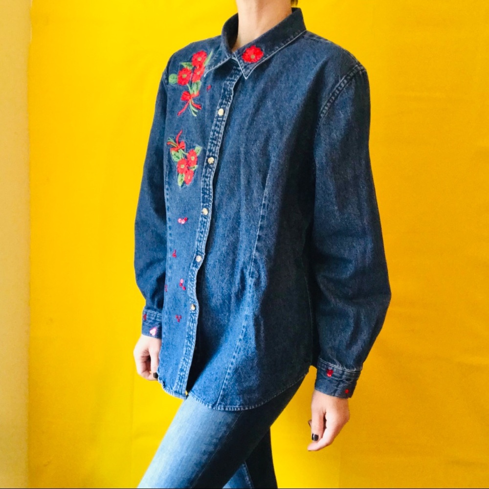 90s Denim Button Up with Red Flower Embroidery Vtg